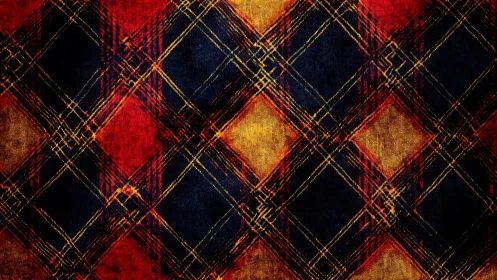 Textured tartan grid in distressed red, navy and gold tones.