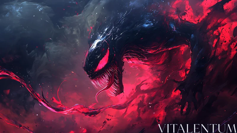 Monstrous red symbiote lunges through swirling dark void