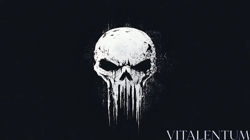 Grunge white skull emblem on deep black background.