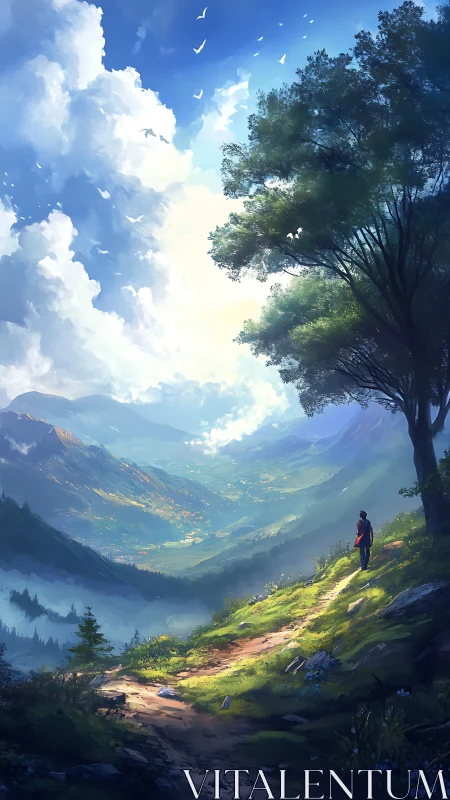 Solitary hiker follows mountain path under expansive sky