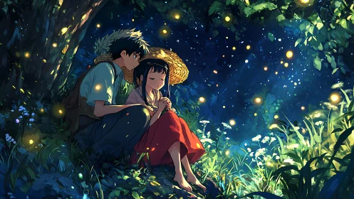 Quiet anime couple resting under glowing fireflies at night.