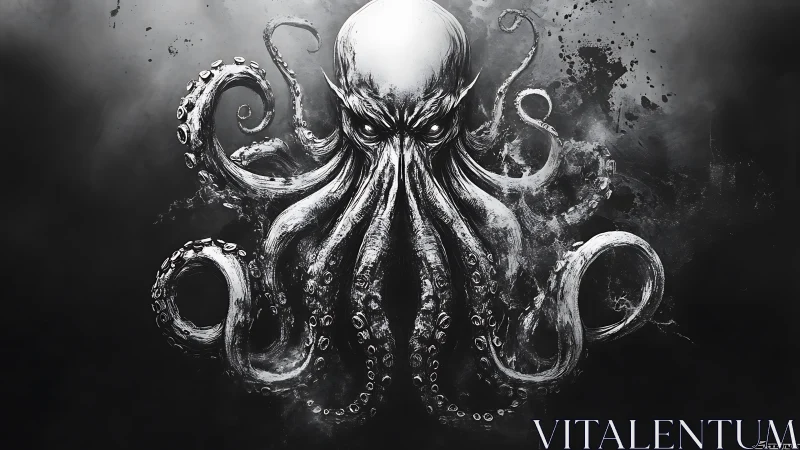 Monochrome eldritch octopus radiates menacing power outward