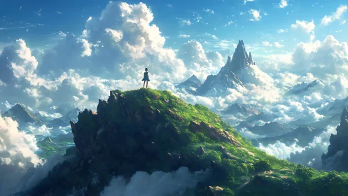 Solitary figure surveys sunlit mountain peak above clouds