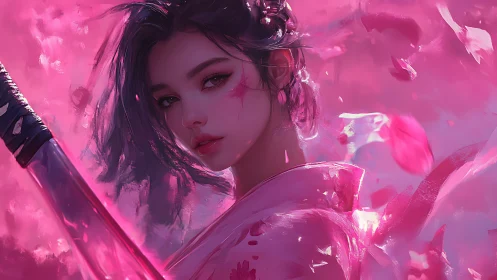 Samurai woman framed in sakura storm and neon pink light.