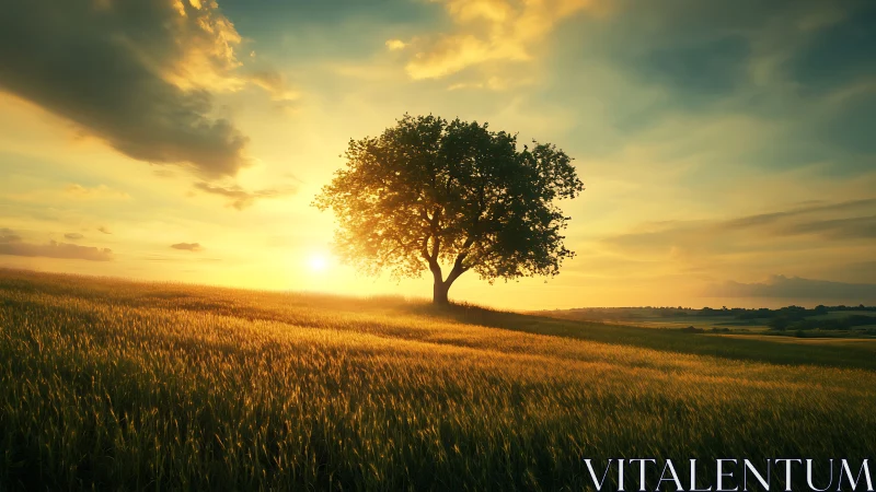 Solitary field tree crowned by molten gold sunset light.