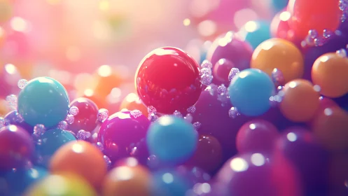 Luminous 3D spheres with glowing bokeh and crystal bubbles.