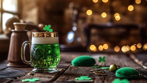 Green beer glows on rustic table under warm bokeh lights.