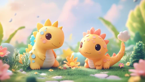 Cute pastel baby dinosaurs share a sunny fantasy meadow moment.
