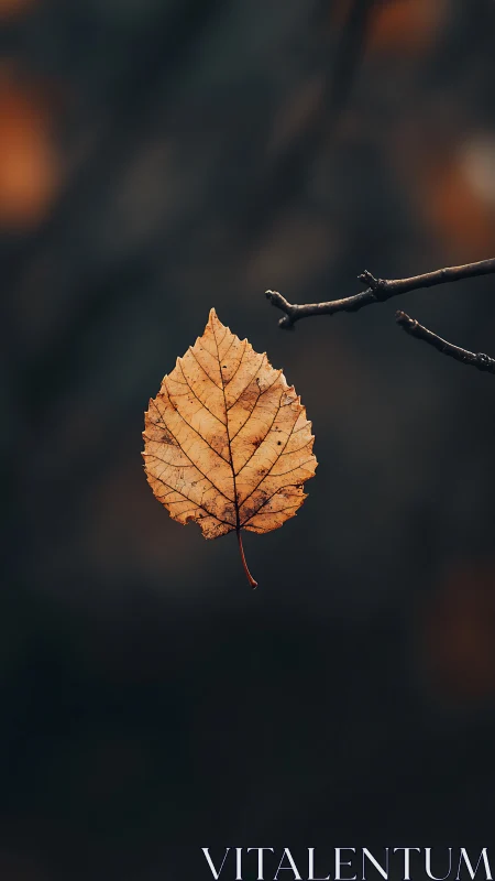 Solitary autumn leaf suspended in a hush of fading dusk.
