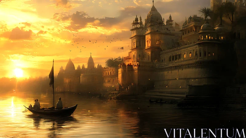 Golden-hour riverside palace glows against atmospheric skyline