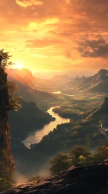 Golden hour river valley with atmospheric mountain ridges