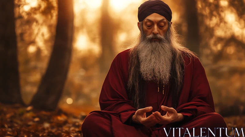 Photorealistic portrait of meditating elder in autumn forest.