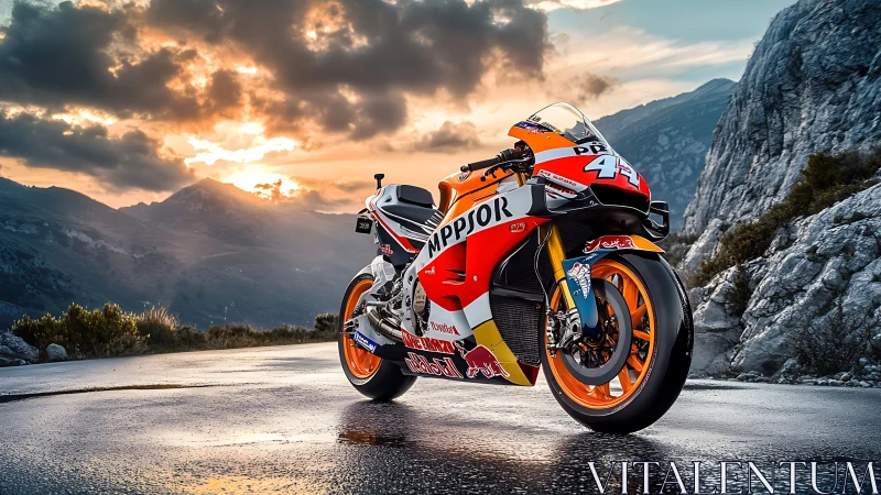Sunset-washed race bike pauses like thunder on wet mountain road