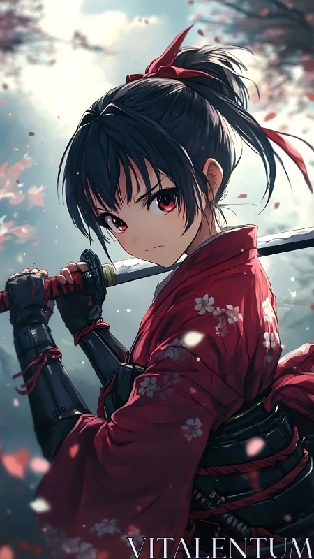 Cherry blossoms swirl as the crimson-eyed samurai readies steel