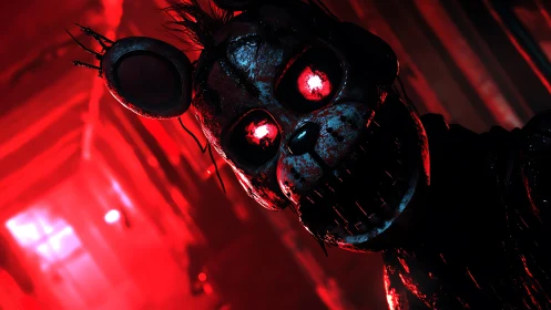 Mechanical rabbit figure in red-lit corridor interior scene.