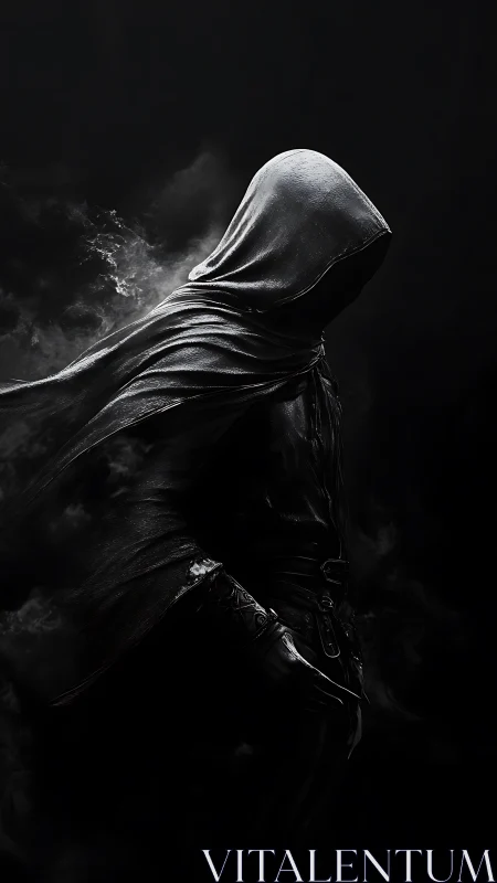 Shadowed wanderer pauses in swirling midnight mist