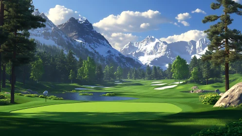 Mountain golf course glows under crisp alpine sunlight.