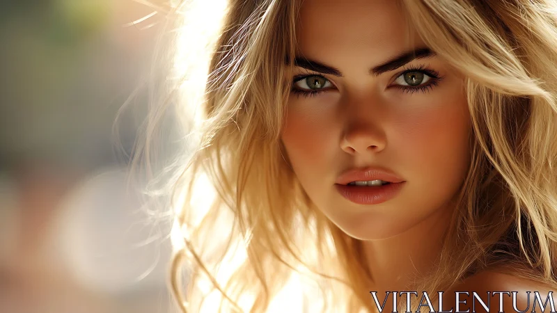 Radiant blonde portrait in sunlit bokeh glow close-up.