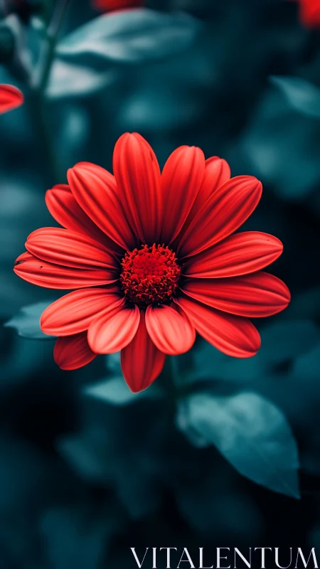 Vibrant Coral Gerbera Daisy with Radial Petal Geometry and Teal Foliage.