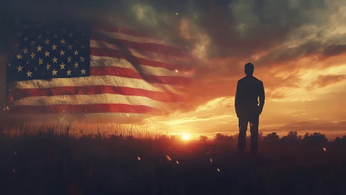 Lone silhouette greets a blazing sky woven with faded flag