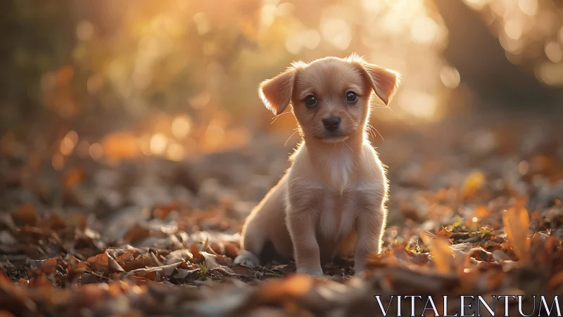 Golden puppy sits on autumn leaves in soft sunset light