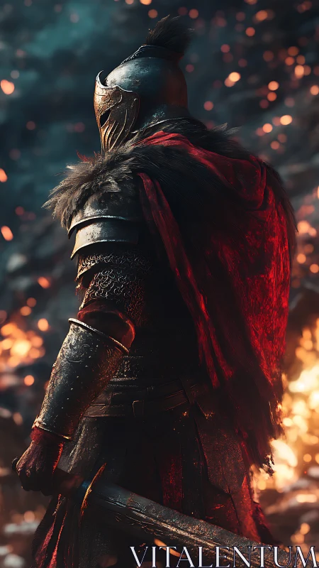 Lone armored warrior glowing softly in the embers’ light.