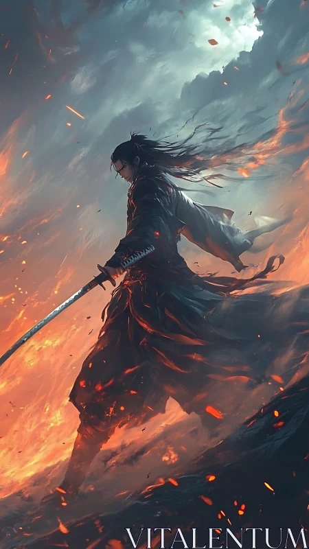 Firelit samurai warrior strides through storm of embers.