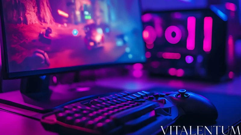 Neon-lit gaming battlestation with keyboard and controller.