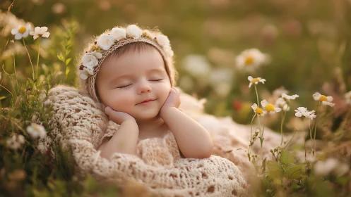 Sleeping Infant Cradled in Delicate Floral Field Setting