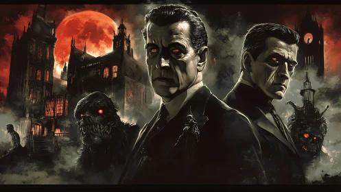 Two stern men stand before haunted gothic buildings at night