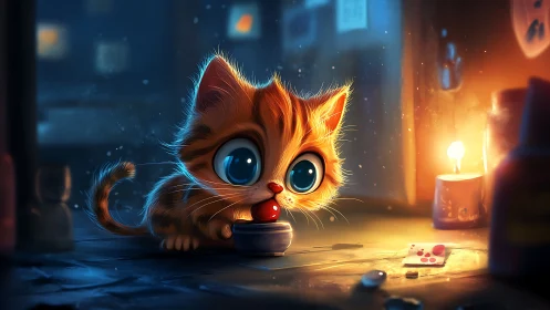 Luminous Kitten's Solitary Moment in Candlelit Darkness.