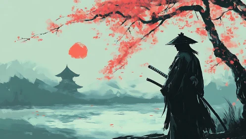 Samurai under crimson blossoms facing distant temple
