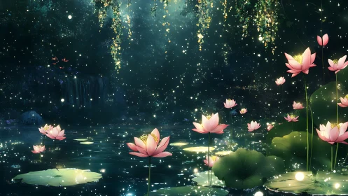 Moonlit lotus lagoon where fireflies script quiet spells.