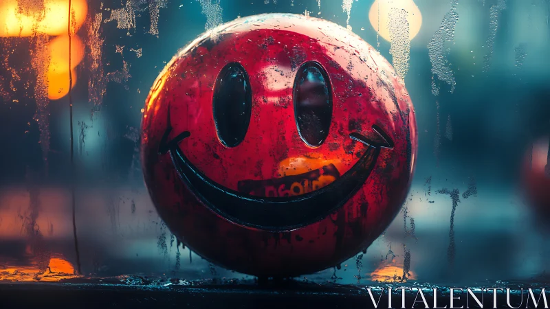 Red smiley face balloon against wet window at night scene.