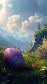 Giant painted egg rests in a sunlit alpine wildflower meadow