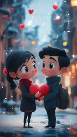 Animated Couple Holding Heart on Winter City Street