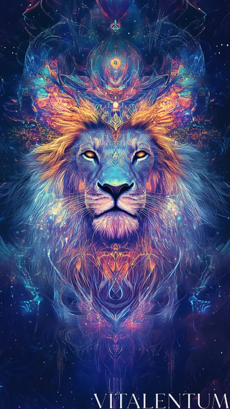 Celestial lion spirit glowing in neon cosmic colors.
