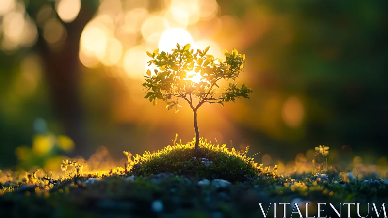 Young tree sapling in glowing sunset, nature photography style.