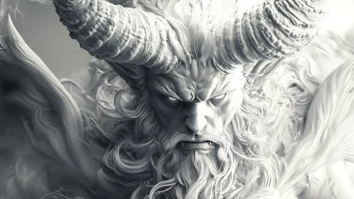 Monochrome horned humanoid bust with detailed facial structure.