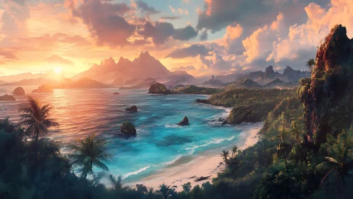 Tropical Paradise Sunset Over Volcanic Island Lagoon