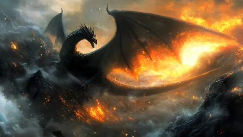 Armored obsidian dragon arcs through incendiary stormscape