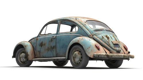 Rusted compact vintage car on white studio background.