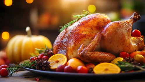 Roast turkey rests on platter with citrus garnish and herbs