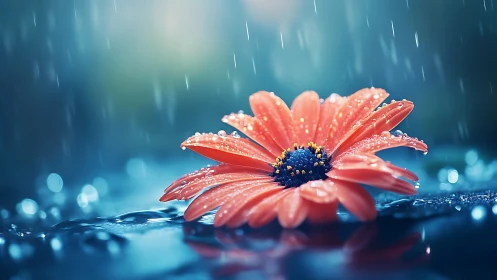 Coral Daisy With Raindrops in Stormy Light.