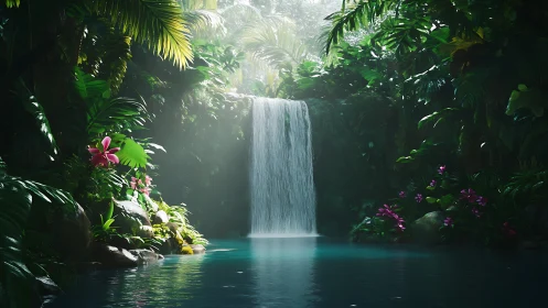 Sunlit jungle waterfall spills into a tranquil blue lagoon.