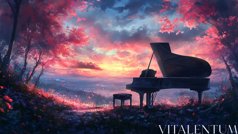 Grand piano silhouetted against chromatic dusk horizon field.