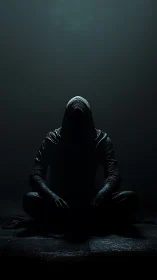 Hooded figure in low-key chiaroscuro lighting sits in shadow