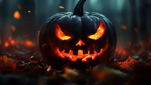Photorealistic jack-o-lantern close-up in eerie forest setting.