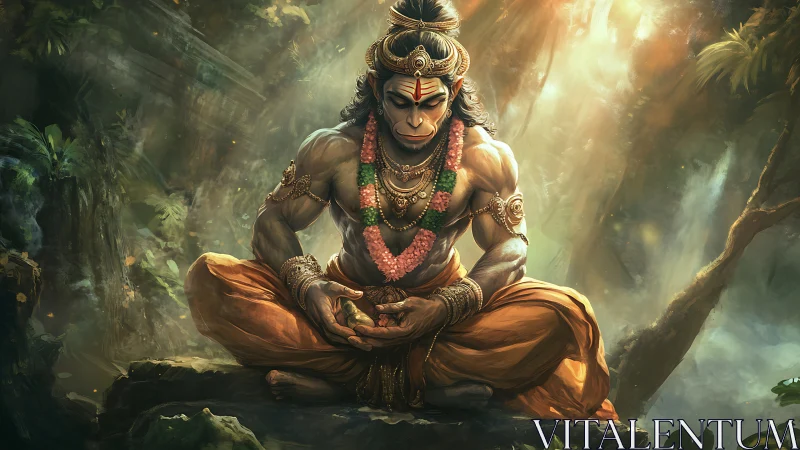 Mythic simian warrior meditating in sunlit rainforest sanctum