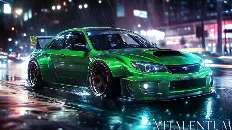 Neon rain racer idling loud in slick midnight city streets.